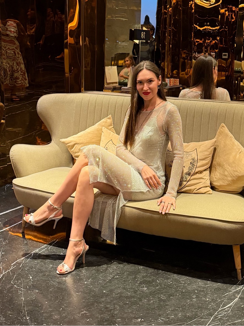 Sheer Beaded Evening Dress in Champagne